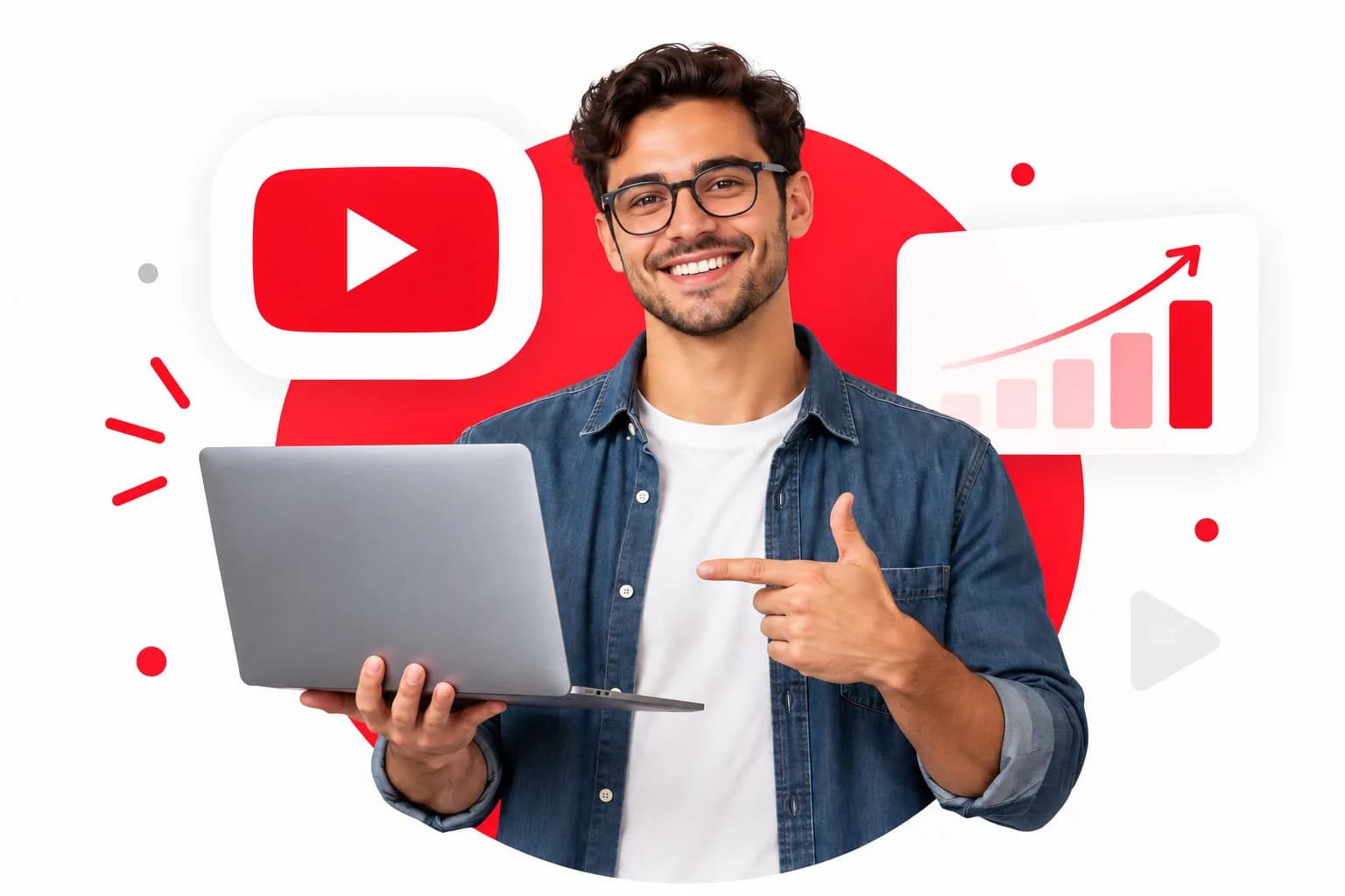 Smiling creator holding a laptop beside a growth chart