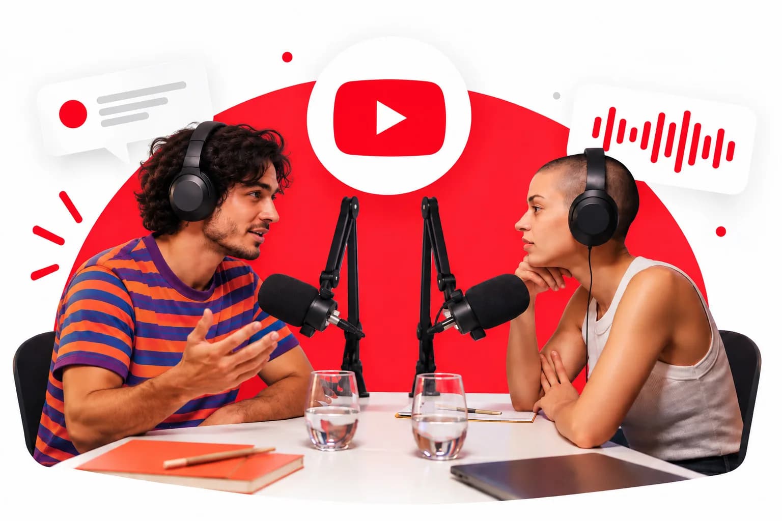 Two podcast hosts recording a show with YouTube branding